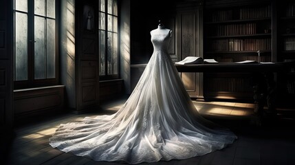 Fashion wedding dress. Background with vintage decor and accessories. Generative AI