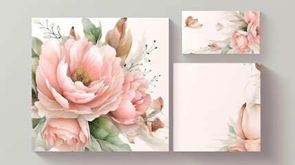 Wedding invitation card illustration. Flower greeting card template. Pink floral design. Generative AI