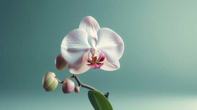 Pink orchid flower with leaves. Floral botanical illustration. Houseplant blooming background. Generative AI