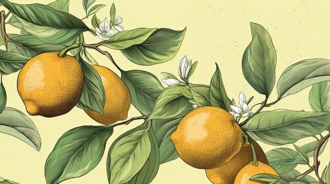 Branches with yellow lemons and green leaves illustration. Botanical painting. Generative AI
