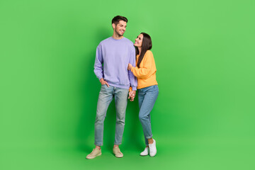 Full body portrait of two peaceful cheerful partners hug hold hands look each other isolated on green color background