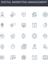 Digital marketing management line icons collection. Gadget, Appliance, Device, Electronics, Technology, Screen, Keyboard vector and linear illustration. Mouse,Headphs,Speakers outline signs set
