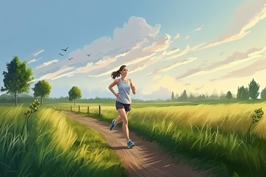 Frau joggt über Felder  (Generative AI)