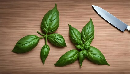 Fresh and Flavorful - Cutting Board with Basil Leaves and Knife AI-Generated