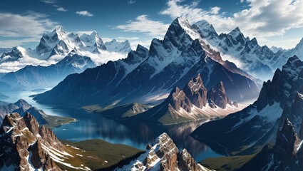 Fantastic panoramic view of snow-capped peaks of Mountain