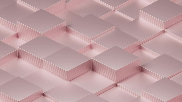 4K Isometric minimalistic abstract background pale pink color. Square rose gold metallic blocks randomly rise. Smooth looped animation, colorful backdrop with endless motion. 3d render graphic art 