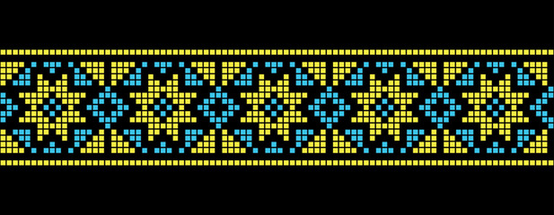 Ukrainian mosaic, pixel art pattern. Tile ornament in yellow and blue colors on black background. Ukrainian mosaic vector ornament, border