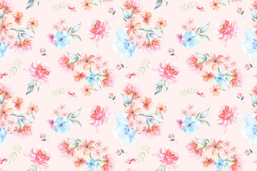 Seamless pattern of rose and blooming flowers painted in watercolor on pastel background. Designed for fabric luxurious and wallpaper, vintage style.Hand drawn botanical floral pattern illustration.