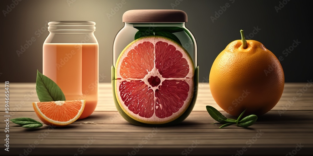 Aufkleber Grapefruits cut in half and juice in a separate container. Generative AI