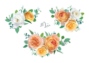 Floral bouquet. Peach orange, yellow rose flowers, white lisanthus green eucalyptus leaves, branches vector illustration. Editable, watercolor style, lovely wedding invite card decorative elements set