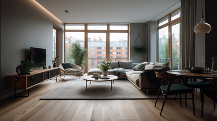 Fototapeta na wymiar A apartment of a beautiful bright modern Scandinavian style house with large windows opening, generative AI