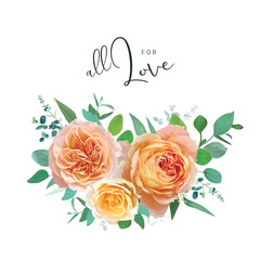 Peach, orange, yellow English garden rose flowers, green eucalyptus leaves, branches bouquet. Watercolor style, editable vector illustration. Fall wedding invite, save the date, greeting card template