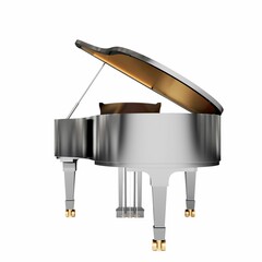 an open grand piano with gold keys on a white surface