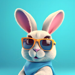 Laughing cute rabbit laughing with cool colorful sunglasses in front of colorful background. Smiling easter bunny. AI generated