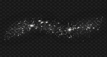 Abstract sparkling shiny texture. Shiny particle effect. Silver glittering trail of space star dust from shiny particles on a dark background.