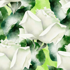 Large white blooming roses among foliage watercolor seamless pattern