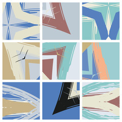 Abstract collage asymmetric pattern. Brush strokes grunge texture. Vector colorful ornament, patchwork quilt style. Digital freehand art backgrounds set for flyer, poster, cover, textile fabric print