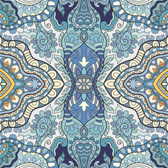 Hand drawn seamless graphic pattern, colorful artistic background with floral and geometric elements. Doodle ethnic mandala ornament for textile fabric, paper print. Surface texture 