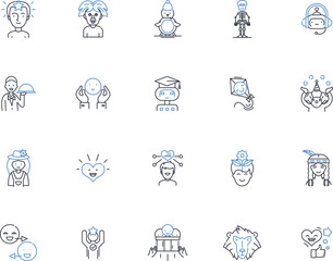 Jesters line icons collection. Humor, Foolishness, Wit, Laughter, Entertainers, Mischief, Playfulness vector and linear illustration. Jokes,Amusement,Clowns outline signs set - obrazy, fototapety, plakaty