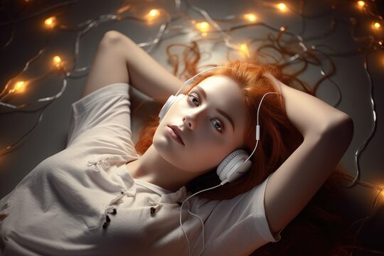 Young woman with headphones listening music Generative AI