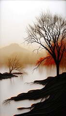 AI-generated illustration of a fall landscape scene, featuring trees in their autumn glory. MidJourney.