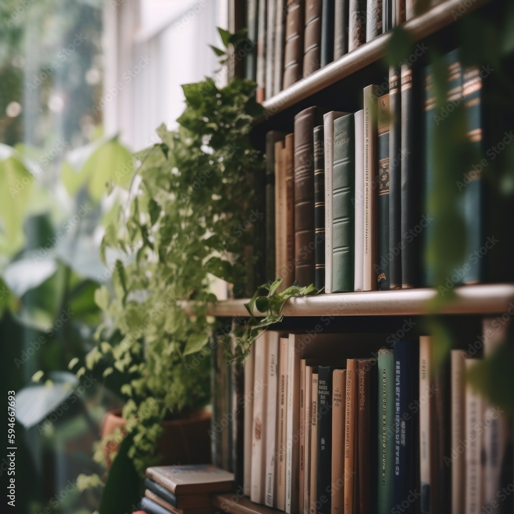 Poster a bookshelf filled with lots of books next to a window. ai generative image.