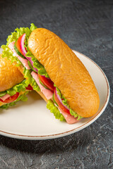 Vertical view of delicious homemade sandwiches on a white plate on black distressed background