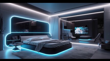 A futuristic bedroom with neon lighting and holographic accents. AI generated