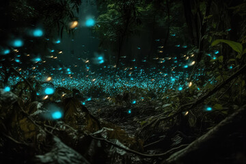 Bioluminescent Insects Swarming Around Light. Generative AI