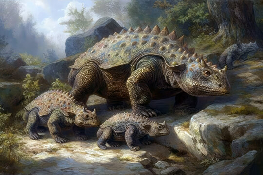 Euoplocephalus Mother And Babies In Rocky Terrain. Generative AI