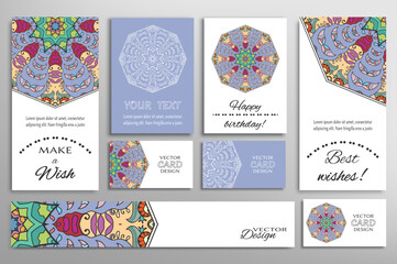 Big set of greeting Cards or wedding Invitations. Postcards template with inscription Make a Wish, Best Wishes, Happy Birthday. Banner, business cards with mandala ornament. Isolated design elements
