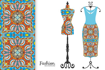 Vector fashion illustration. Vintage tailor dummy, dress model, colorful seamless pattern for textile fabric, paper print, invitation, business card design. Boho style isolated clothes collection