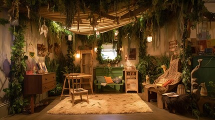 Fototapeta na wymiar A jungle-themed hideaway with hanging vines and plush animals. AI generated