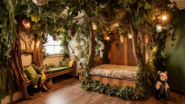 A jungle-themed hideaway with hanging vines and plush animals. AI generated