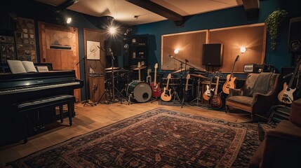 A music room with instruments and a recording studio set-up. AI generated