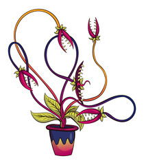 Carnivorous plant. Cartoon flytrap in pot. Flower predator. Angry flower with teeth. Monster plant icon.  illustration