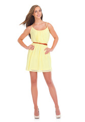 Portrait, smile and woman with yellow dress isolated on a transparent png background. Beauty, fashion and happiness of female person from Canada with trendy, stylish or designer clothing or outfit.