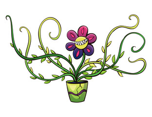 Carnivorous plant. Cartoon flytrap in pot. Flower predator. Angry flower with teeth. Monster plant icon.  illustration