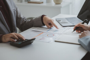 Groups of people joining in discussions, business meetings, startup company sales team meetings, brainstorming and summary of company performance. Business strategy management concept.