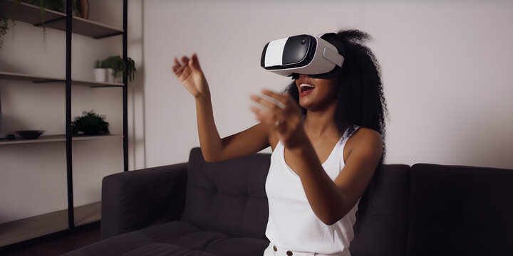 illustration of surprised joyful cheerful dark-skinned woman in 3d glasses, amazed by the movie, glasses of the future future technology concept Generative AI