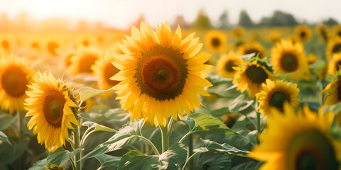 field of blooming sunflowers on a background sunset Generative AI