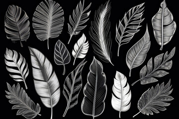 Tropical Leaves In Black And White. Generative AI