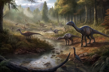 Velociraptor, Compsognathus, And Deinonychus Families Hunting Near Stream. Generative AI