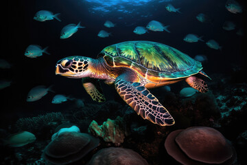 Sea Turtle Surrounded By Bioluminescent Creatures. Generative AI