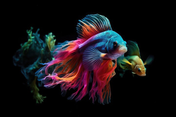 Obraz premium Neoncolored Fish Swimming In Black Abyss. Generative AI
