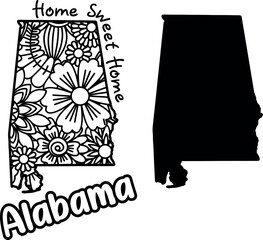 Floral Alabama state design. Alabama state map with floral pattern and lettering home sweet home for laser cutting, sublimation and printing. Silhouette of the US state of Alabama.