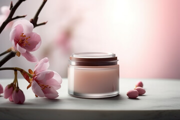 AI generative mockup of beauty product in a glass jar with cherry blossoms, delicate spring flowers on pink background.