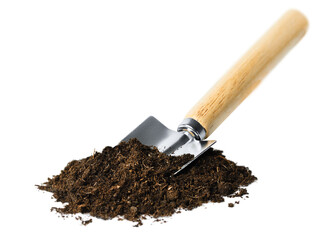 garden shovel and a pile of soil on a white isolated background