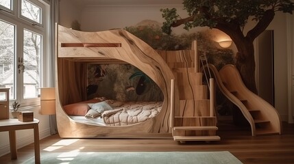 A whimsical treehouse-inspired bed with a built-in slide. AI generated