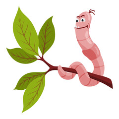 Funny worm. Pink happy crawler creeps and smiles. Earth worm cartoon character, wildlife nature. Insect for kids illustration